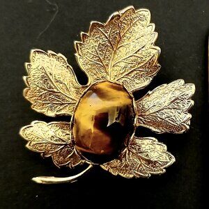 Vintage Goldtone Tigers Eye Leaf Brooch - 1970s